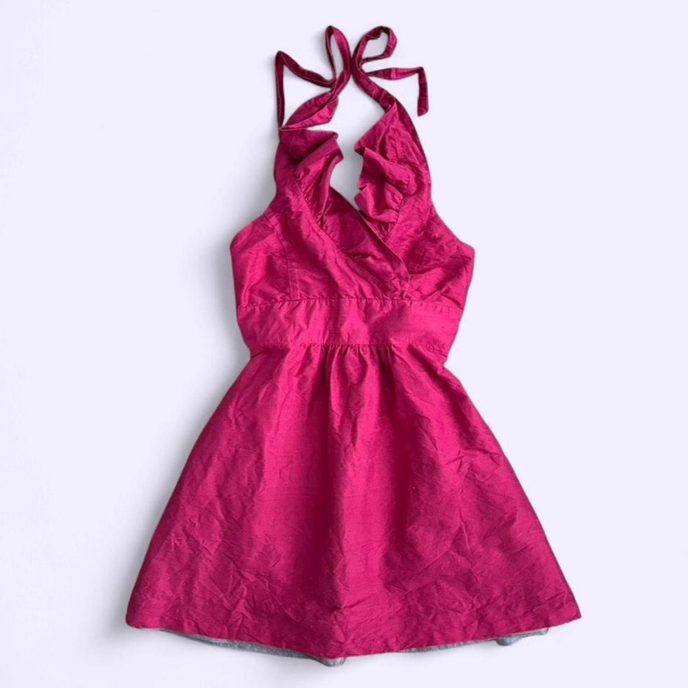 Vintage Silk Lula Kate Fuchsia Halter Mini Dress Ruffle Neckline
